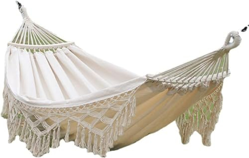 Camping-Hängematte,Outdoor-Hängematte,Baumwolle Doppel-Hängematte Brasilianische Gartenhängematte für bis zu 2 Personen/200kg 200x150cm Weiß