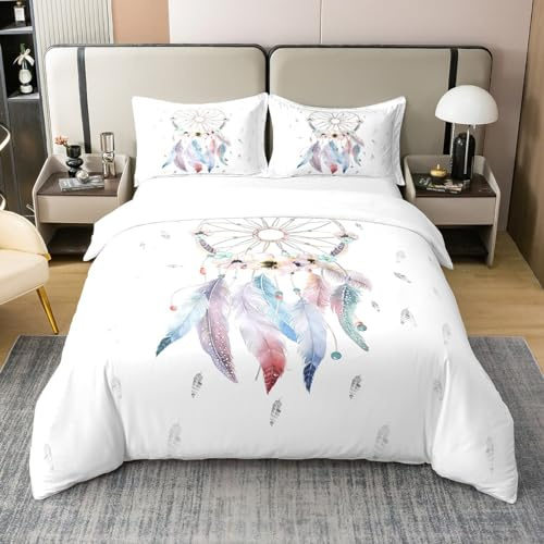 Homemissing Attrapeur de rêves Housse de Couette 200x200cm 100% Coton Indien Hippie Plume Ensemble de Literie pour Enfants Garçons Filles Ados Décor Boho Dream Catcher Parure de lit Éléments Tribaux