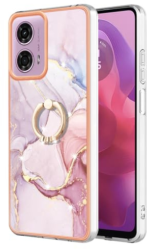 Reevermap Motorola Moto E14 Case with Ring Holder, Shockproof Silicone Marble Phone Cover Kickstand Soft Metallic TPU Rubber Bumper Case for Motorola Moto E14, Rose Gold