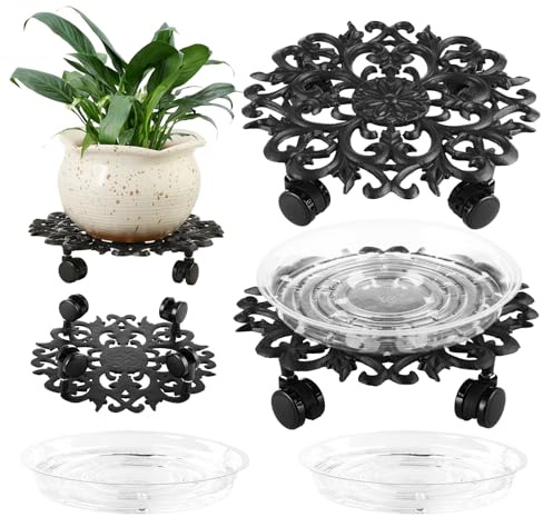DEELF OUTLET 2 Packs 11.6 Inches Large Metal Plant Caddy with PU Wheels Planter Dolly Pot Mover Rollers for Patio Wrought Iron Rolling Flower Stands Indoor Outdoor Plant Holder Coaster Trolley, Black