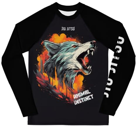 Youth Boys No Gi Jiu Jitsu Rash Guard - Wolf - Animal Instinct - BJJ, Wrestling White