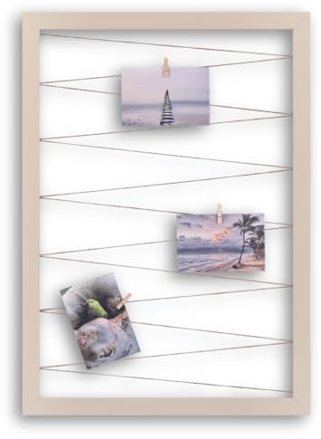 CLAMARO Fotohalter mit Fotoleine und 20 Holzklammern, Beige, 45 x 65 cm | MDF-Rahmen 30 mm breit, vollummantelt, Juteband gespannt, Massivholz-Clips, Metallaufhänger, für Fotocollage, Postkarten