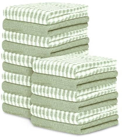 GC GAVENO CAVAILIA Large Tea Towels Pack of 16 | 46 x 65 Cm Sage Green Check Tea Towels Bar Kitchen Towels Set | Absorbent Chef Tea Dish Cloths For Cleaning | 35% Polyester, 65% Cotton Dish Towels