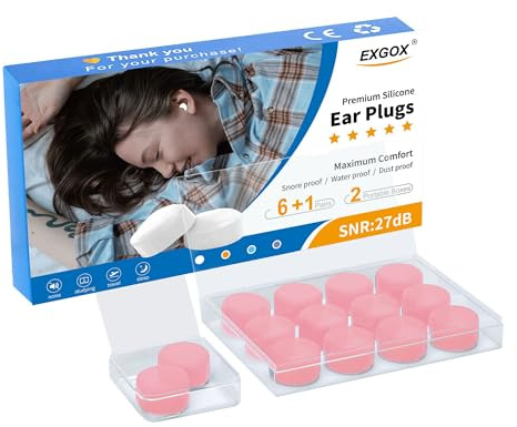 EXGOX 7 Pairs Silicone Ear Plugs for Sleeping Noise Cancelling Reusable Moldable Wax Earplugs for Swimming, Work, Airplane, SNR27dB(Pink)