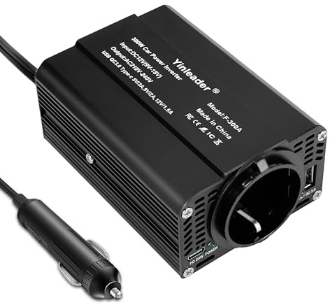 Yinleader 300W 12V auf 230V Wechselrichter 1 EU-Steckdosen und Typ-C PD&USB Q.C 3.0 mit Zigarettenanzünder-Adapter Kfz-Spannungswandler