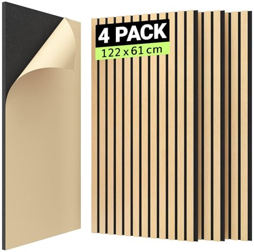 TONOR Akustikpaneele HOLZ Selbstklebend 1,488m²- 4 Stück 122 x 61 x 2,1 cm, 3D Holzpaneele Wand Lamellenwand schallschutz wand, Akustische Behandlung und Wanddekoration für Studio Büro, Eiche
