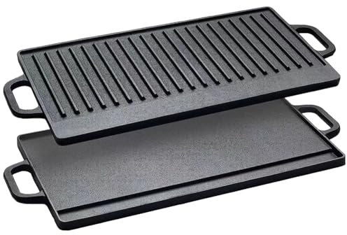 Fiorky Griglia rettangolare reversibile in ghisa, piastra in ghisa, bifacciale con doppi manici, piastra per barbecue, campeggio, giardino