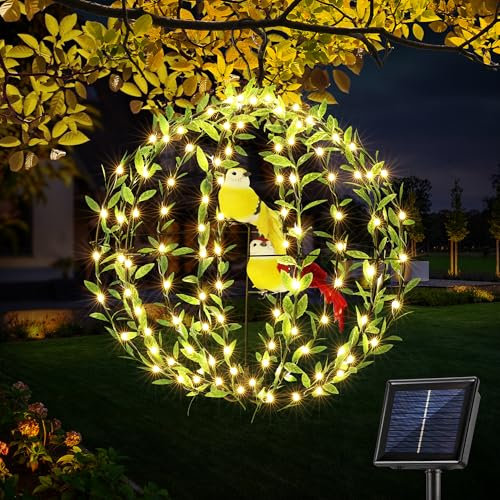 Joomer Solar Ball Lights 30cm 120 LED Foldable Metal Sphere Lights with Green Leaf and Bird Solar Garden Outdoor Hanging Globe Lighting Waterproof 8 Modes for House Party Tree Decor (Warm White)