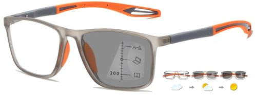 ABETOS Gleitsichtbrille Multifokale Lesebrille Photochrome Blaulichtfilter TR90 Rahmen Sportliche Herren Damen Multifokus Lesehilfe mit Sonnenbrille, Grau und Orange+1.5