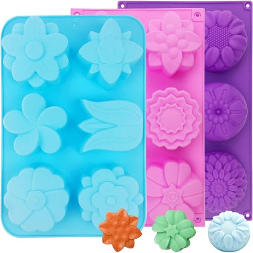 Loppdece 3 Stück Seifenformen Silikon, Silikonform Seife, Lila Blau Rosa | 6-Kavität Silikon Blume Form, Seife Formen Fondant, Schalen, for Hausgemachte Kuchen, Schokolade Und Cupcake Form