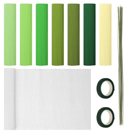 Mardatt Lot de 30 kits de papier crépon à faire soi-même, 8 rouleaux de feuilles de papier crépon de 25,4 x 249,8 cm avec 20 tiges en fil de fer floral, 2 rouleaux de ruban adhésif floral pour