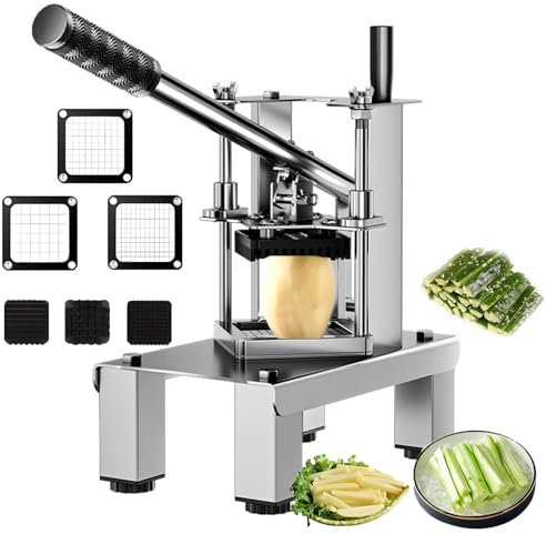 Cortador de Papas Fritas Comercial, con 3 Cuchillas de Repuesto (7+10+14 mm) y Mango extendido, Cortador Vertical Manual de Papas Fritas, para boniatos, Zanahorias y pepinos caseros.