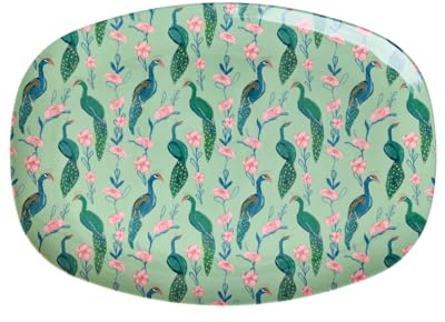 ReWu Rice Melamin Teller Tablet - Pfau Motiv Grün - Geschirr Melamingeschirr Kindergeschirr Kinder Camping BBQ Picknick Bruchsicher BPA-frei Wiederverwendbar Kunststoffgeschirr 30 x 22 cm