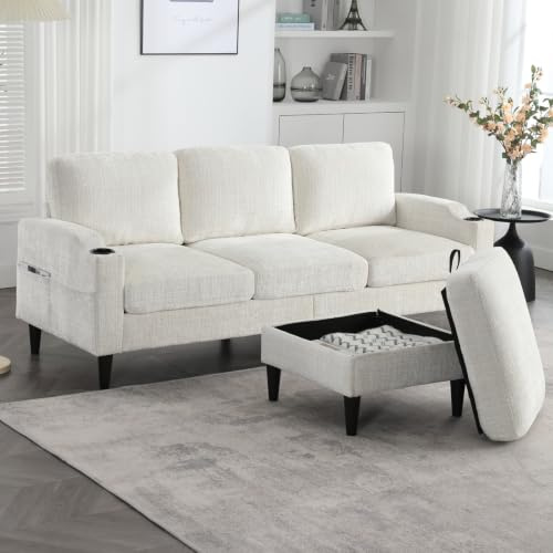 KOMHTOM Canapé Modulable 4 Places avec Pouf de Rangement, Canapé d'angle en Tissu Chenille et Respirant, Fauteuil Multifonctionnel avec Porte-Boissons et Accoudoirs (Beige, B)