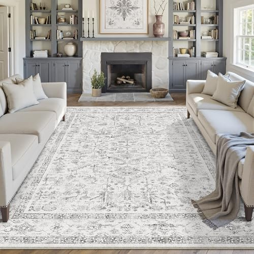 PureCozy Vintage Vardagsrum Matta 200 x 300 cm Stor Grå Mattor Tvättbar Halkfri Golvmatta Sovrum Rug Matsal Kontor Utomhus Barnrum Balkong Rugs Mjuk Kort Lugg Carpet