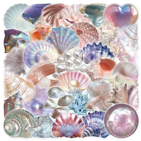 50 Pcs Shell Stickers Laptop Car Scrapbook Phone Skateboard Suitcase Luggage Bike Seashell Transparent Vinyl Waterproof Aesthetic Personalised Stickers for Teens Boys Girls Adults