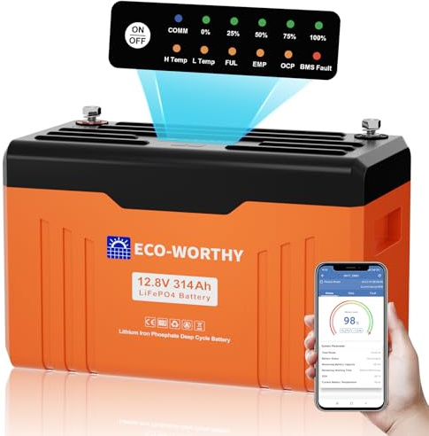 ECO-WORTHY 12V 314Ah LiFePO4 Lithium Battery 4019Wh with Bluetooth 5.1, SOC LEDs, Low Temp Protection, 200A BMS, 15000+ Cycles for Campervan, Motorhome, Home Backup