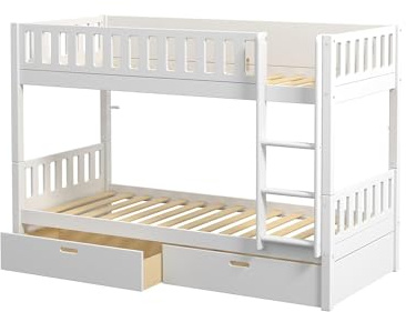 FURNLUX Viggo Etagenbett, 90x200cm, Kinderbett mit Schubladen, Kiefernholz, Weiß, 208x102x144cm, Modern, Stauraum, Matt, Komplett-Set, Matratzenmaß 90x200cm
