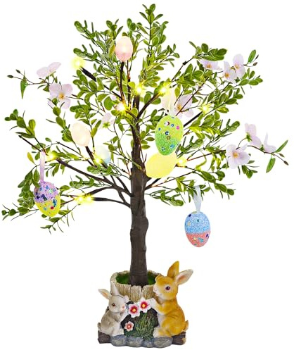 DR.DUDU Lighted Easter Tree 23.5 Inch - Pre-Lit Easter Decorations for Table with Eggs & Bunny Pot, Spring Trees Centerpiece with Lights for Dining Room, Home, Mantel, Office Décor