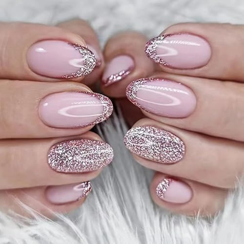 Pink Glitter French Press on Nails Short Almond Fake Nails Glitter French False Nails Full Cover Pink Glossy Reusable Acrylic Nails for Women and Girls DIY Manicure Decoration 24Pcs