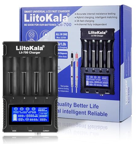 Cargador Inteligente Liitokala Lii-700 para batería de Ion de Litio, Prueba de Resistencia Interna, detección de Capacidad y Modo de reparación con Adaptador de 12 V 5 A 32700/26700/26650 AA y AAA