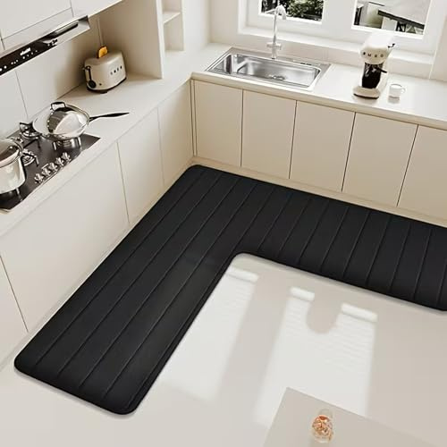 Wlian Tapis de cuisine en forme de L antidérapant et absorbant, pour cuisine et maison, tapis d'angle doux, pour salle de bain, WC et douche, lavable en machine, noir, 150 x 150 x 45 cm