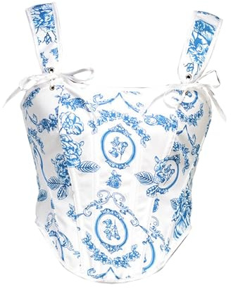 Corset Femme Halloween, Bustier Court À Demi-Couvrance, Imprimé Floral En Porcelaine Bleue Et Blanche, Fermeture À Nouer Dans Le Dos Et Bretelles Corset