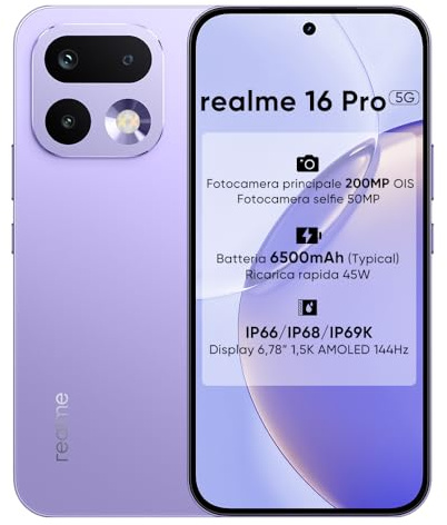 realme 16 Pro 5G Teléfono Móvil Smartphone, Pantalla AMOLED 6,78 1.5K 144Hz, 200MP OIS, Selfie 50MP, Batería 6500mAh, Carga Rápida 45W, IP68/IP69K Impermeable (Orchid Purple, 512, GB, GB, 8)