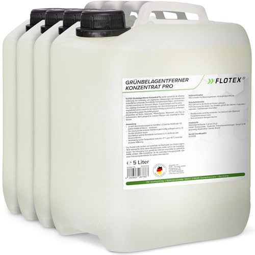 FLOTEX Grünbelagentferner Konzentrat Pro 4x5 Liter | Moosentferner entfernt Flechten, Algen & Grünspan | Steinreiniger Intensiv Aussen für Pflastersteine, Terrasse & Beton