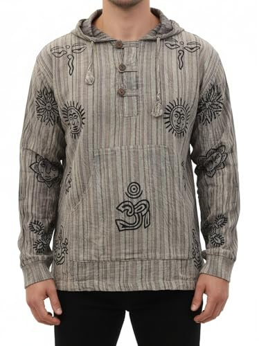 Shopoholic Mode handgjord stentvättad boho-skjorta med huva | träknappar och framficka, etisk bomullsfestivalskjorta, L.grå, XL