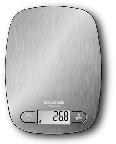 Taurus Easy Inox - Báscula de cocina digital de capacidad 5 kg, función tara, 4 sensores de precisión, color plateado