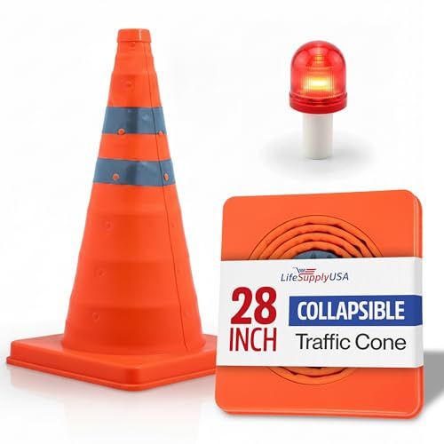 LifeSupplyUSA Collapsible 28 Inch Reflective Multi Purpose Traffic Cone with LED Light Lamp Topper Pop Up Road Safety Extendable