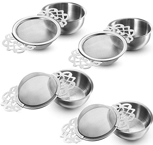 Hotop 4 Pack Fine Mesh Tea Strainer with Bowl, Stainless Steel Tea Infusers Strainers Tea' Filter with Handle for Loose Tea' Juice Coffee Filter, Fit 2.5-4 Inch Cup Mouth (Sliver)
