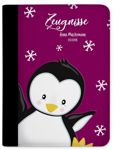 CreaDesign Zeugnismappe A4 mit Namen personalisiert – Pinguin Brombeere – für Mädchen – Dokumentenmappe Schule ohne Klarsichthüllen