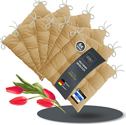 LILENO HOME 6er Set Stuhlkissen Taupe (40x40x6 cm) - Sitzkissen für | Gartenstuhl, Küche oder Esszimmerstuhl - bequeme UV-beständige indoor u. outdoor Stuhlauflage als Stuhl Kissen