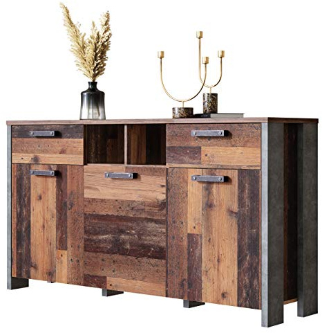 Newfurn Sideboard Old Wood Betonoptik Dunkelgrau Vintage Anrichte | 2 Schubladen 3 Türen mit offenen Fächern, Bügelgriff, Kommode mit Türen, Highboard, rustikal Industrial für Flur Wohnzimmer
