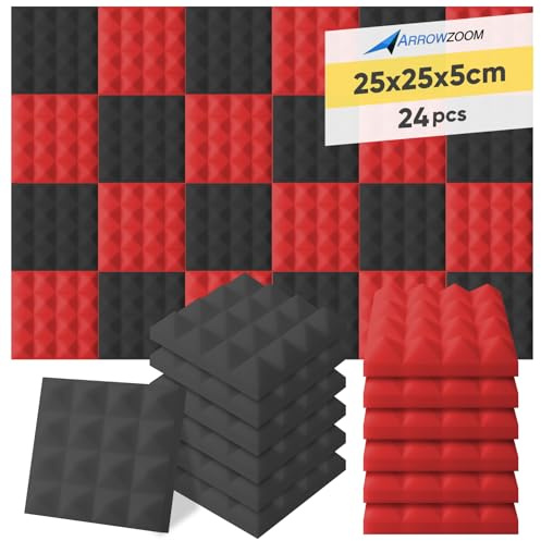 Arrowzoom 24 Acoustic Panels Pyramid Sound Absorbing Acoustic Treatment 25x25x5cm Recording Studio Noise Cancellation 26kg/m3 High Density Acoustical Dampening Fire Retardant 1034 BLACK RED
