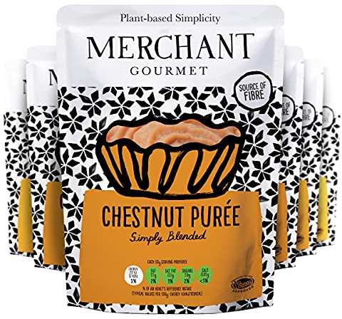 Merchant Gourmet Chestnut Puree - Slowly Roasted Rich Puree - Source of Fibre, Low Saturated Fat & Vegan - Ideal for Baking & Desserts - Pack of 6 x 200g Ready-to-eat Pouches