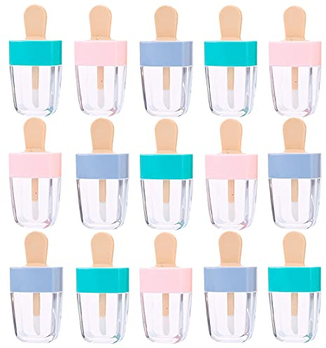 BAQI 15 tubos de brillo de labios vacíos en forma de helado, recipiente de esmalte de labios recargable, botella de muestras de cosméticos para bricolaje para bálsamo labial de lápiz labial, multi