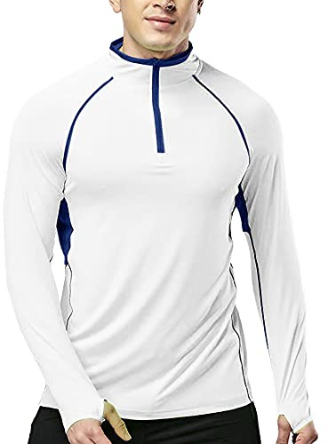 Men Quarter Zip Running Active T Shirts Workout Long Sleeve White M