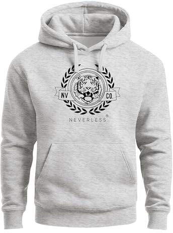Neverless® Hoodie Herren Schriftzug Oldschool Print Tiger Kapuzen-Pullover Bedruckt Männer Fashion Streetstyle Grau-schwarz L