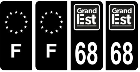 HADEXIA Nummernschild-Aufkleber, französisches Departement 68, Region Grand Est, Schwarz und F, Frankreich, 4 Stück