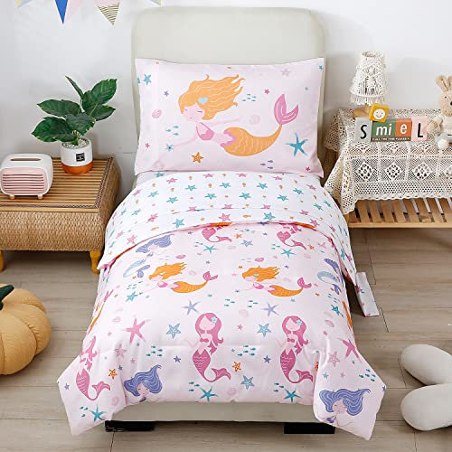 PERFEMET Kleinkind-Bettwäsche-Sets für Mädchen, Cartoon-Meerjungfrau-Druck, Bettwäsche-Set, ultraweich, atmungsaktiv, wendbar, Bettlaken, Spannbetttuch und Kissenbezug (4-teilig, rosa)