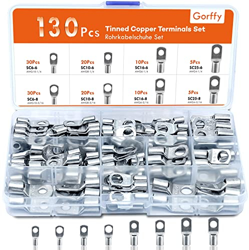 Gorffy Battery Terminal Connectors 130 Pcs, Battery Terminals Tinned Copper, Cable Lugs Bolt Hole, Crimp Battery Cable Connectors, Battery Crimp Terminals for Electric, Auto
