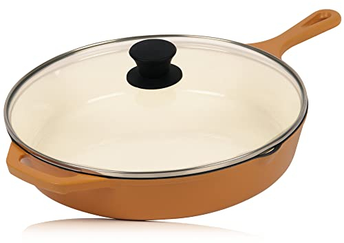 Mahlzeit Sartén Esmaltada Redonda de Hierro Fundido con Tapa | Ø 29,5 cm | Sartén Parrilla con Dos Picos | Sartén para Barbacoa, Cocinas de Gas, Eléctricas, de Inducción, Borde Alto, Sartenes