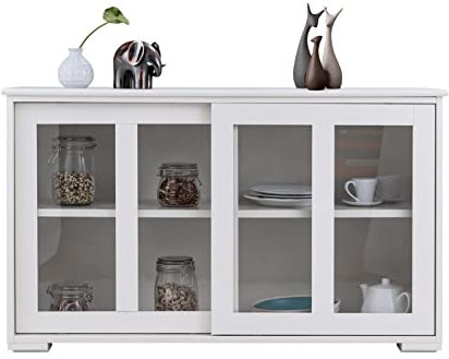 Mobile Buffet Credenza Cabinet da cucina Cabina armadio Credenza Pulvello impilabile con scaffale ad altezza regolabile 2 Porte scorrevoli in vetro Tavolo console d'accento Bianco Armadio da Cucina