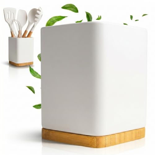 KOOK TIME Porta utensilios de cocina - Bote para utensilios cocina de cerámica y bambú - Soporte utensilios cocina cuadrado - Blanco brillo - 10.5 x 10.5 x 15 cm