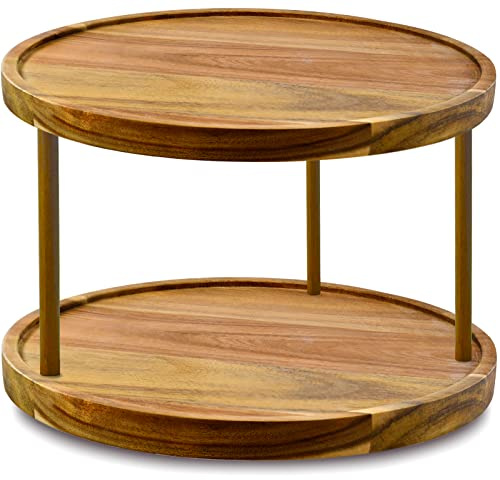 10 Two-Tier Acacia Wood Lazy Susan Organizer Kitchen Turntable for Cabinet Pantry Table Organization
