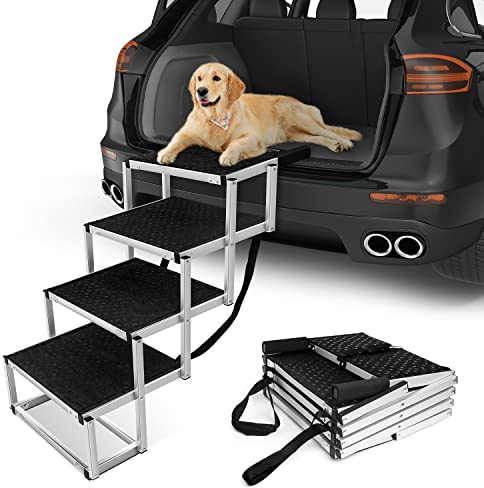 Petour Hunde-Autotreppe für große Hunde, leichte Aluminium-faltbare Haustierleiter-Rampe mit rutschfester Oberfläche, Haustierrampen für Autos, SUV, hohe Betten und LKWs (4 Stufen)