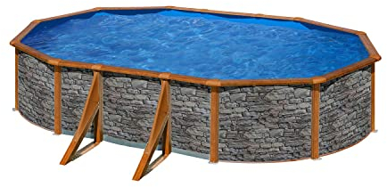 Paradies Pool® Gre Giant oval 375x610x120cm (Ø x H), Stahlwandbecken Stein/Holz, Poolplane in blau 0,4mm, Handlauf extra breit, inkl. Skimmer-Set und Leiter, Swimmingpool, Menge: 1 Stück